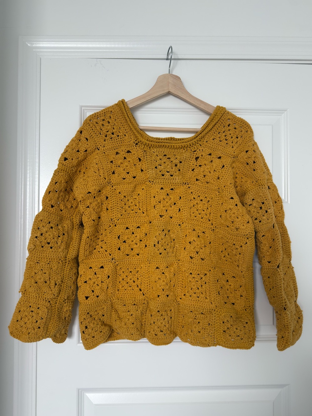 Handmade Crochet Sweater Medium Mustard Yellow Cotton Granny Square Fall Knit